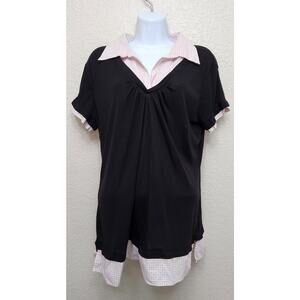 Paris Blues Black Pink Polka Dot Layered Collard Top 1X Plus Lightweight Pleated